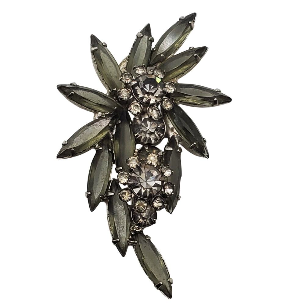 Retro Gray Black Diamond Rhinestone Brooch Smoky Crystal Pin Statement Navette